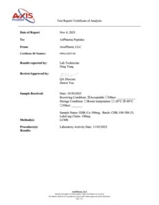 Certificate of analysis for GHK-Cu, page 1
