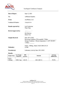 Certificate of analysis for NAD+ 1000mg, page 1
