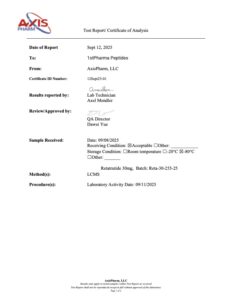 Certificate of analysis for Retatrutide 30mg, page 1